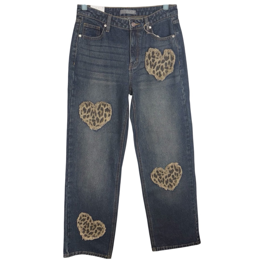 Cali1850 Jeans Straight Leg Leopard Heart Patch Mid Rise Dark Wash Size 9 - Picture 5 of 15